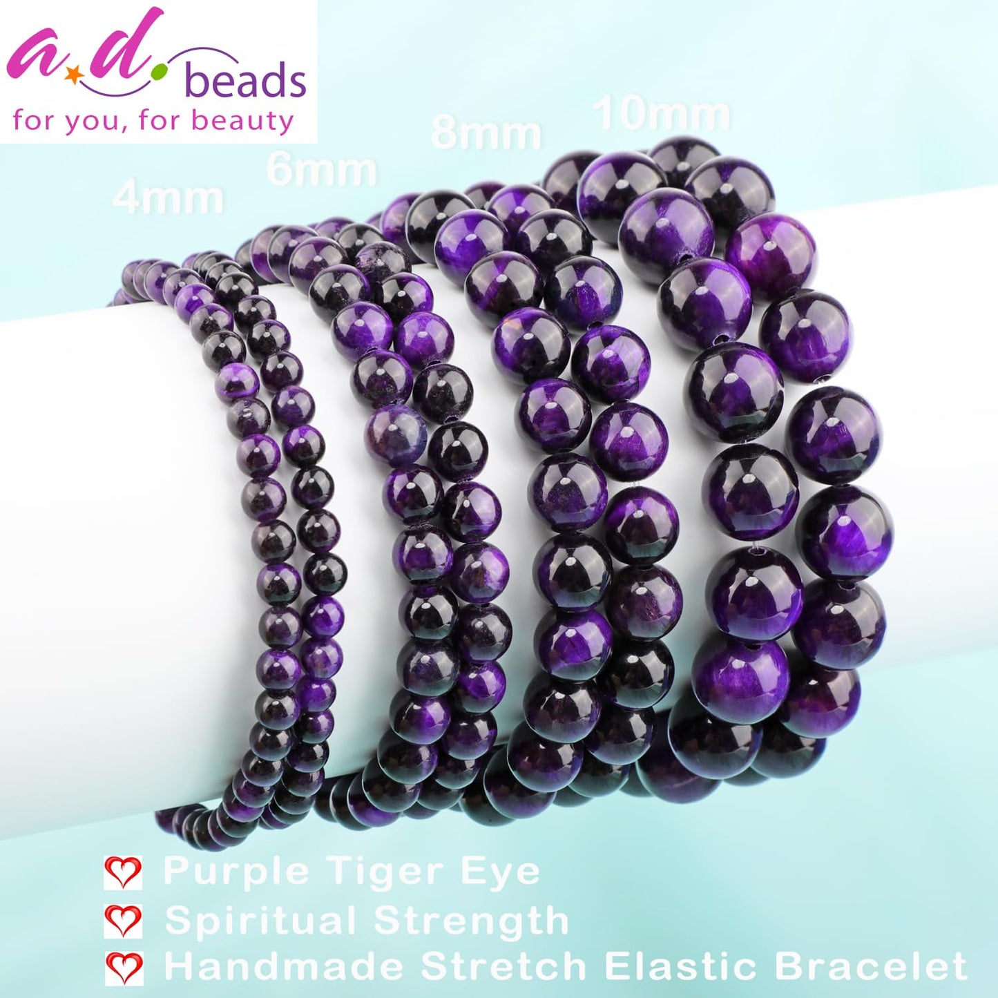 AD Beads 4mm Handmade Purple Tiger Eye Elastic Bracelet – Natural Gemstone for Peace and Tranquility – Meditation, Yoga, Healing and Energy Gift for Men Women