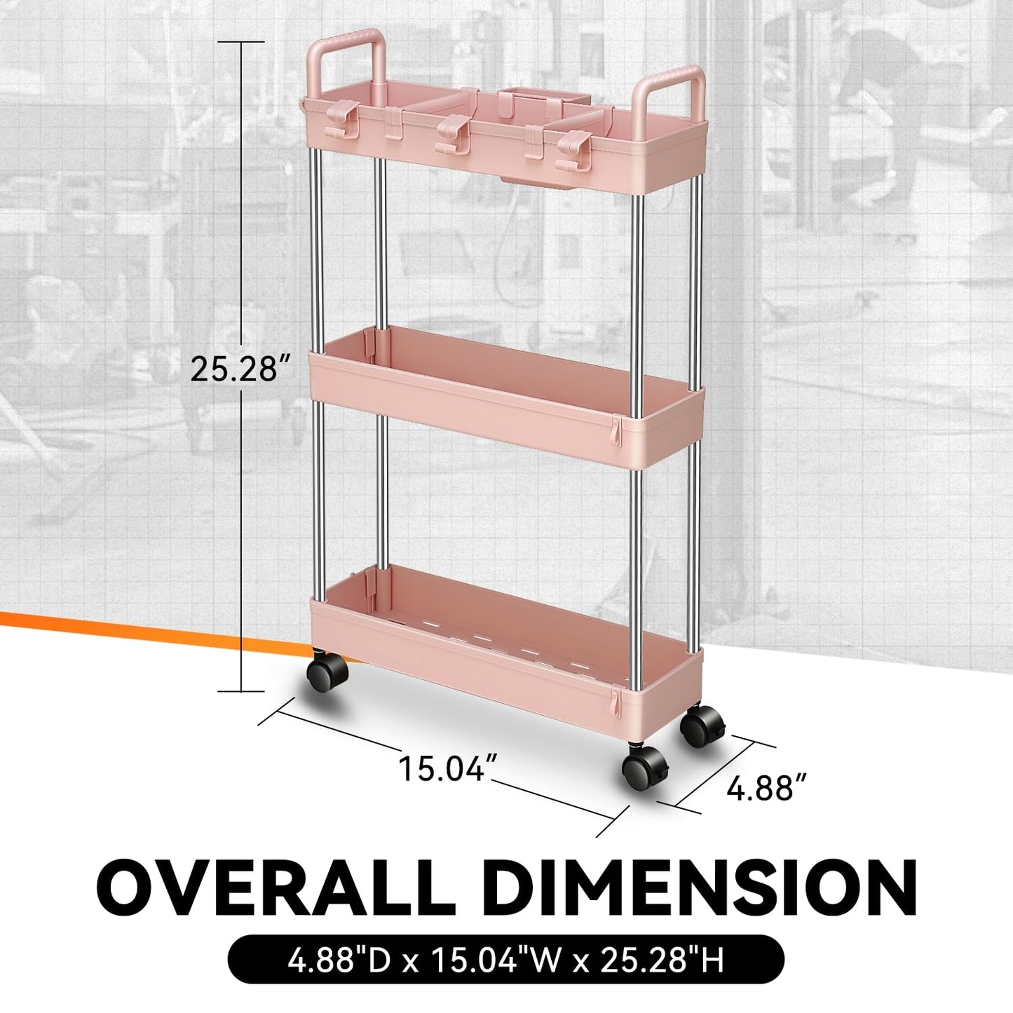 Auto Dynasty 3 Tier Slim Rolling Cart with Handle, Multifunction Utility Storage Rolling Cart, Movable Storage Organizer with Wheels for Office, Bathroom, Kitchen, Narrow Places (Pink)