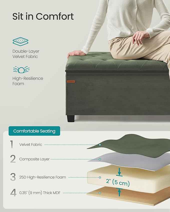 SONGMICS Velvet Storage Ottoman Bench, Foot Rest with Legs, 15.7 x 43 x 15.7 Inches, End of Bed Bench, Storage Chest, Load up to 660 lb, for Living Room, Bedroom, Entryway, Forest Green ULSF089C01