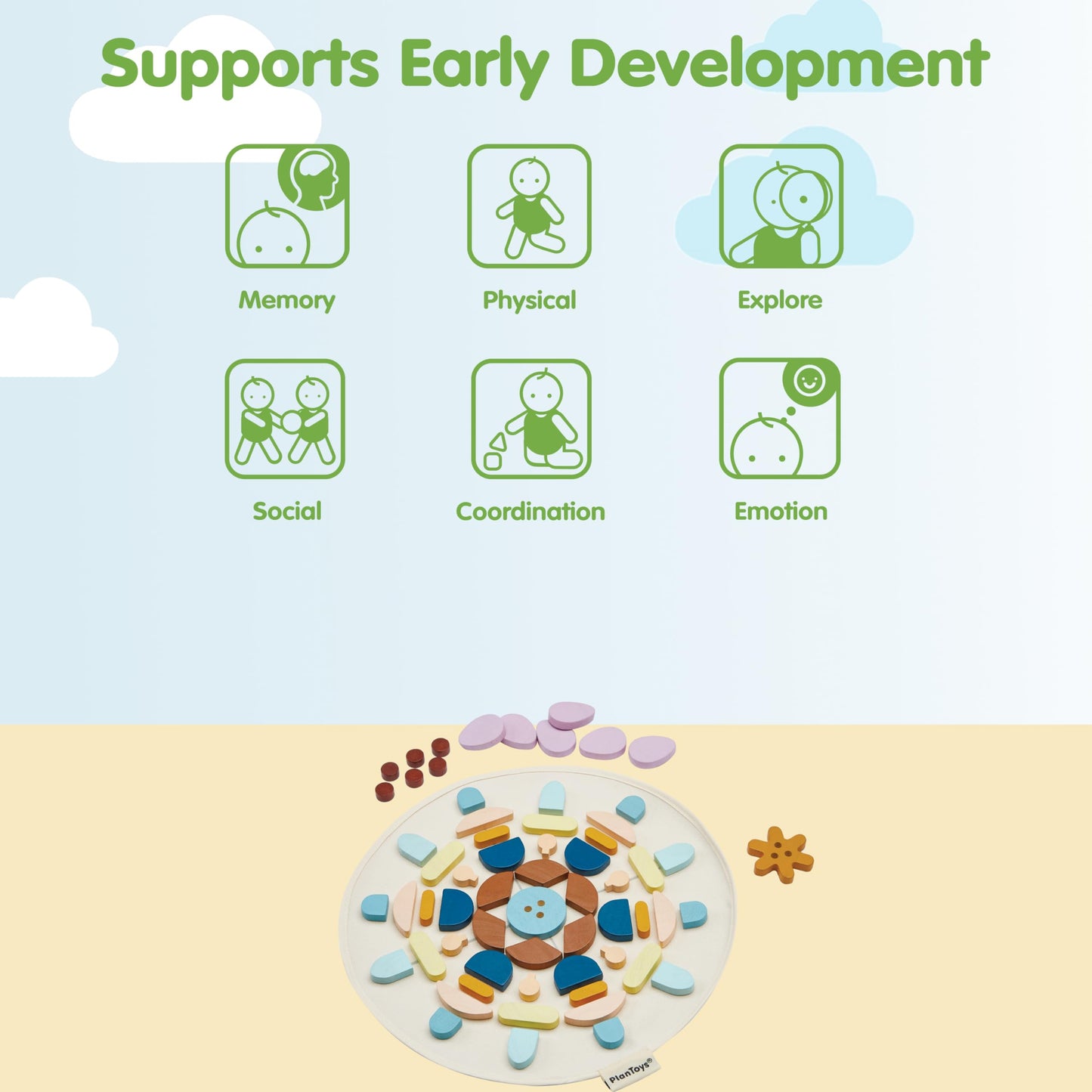 PlanToys® Wooden Mandala Set for Montessori Inspired Open Ended Play | Sensory, Creative and Spatial Learning Activity | Eco Friendly Wooden Mandala Pieces for Mindful Play