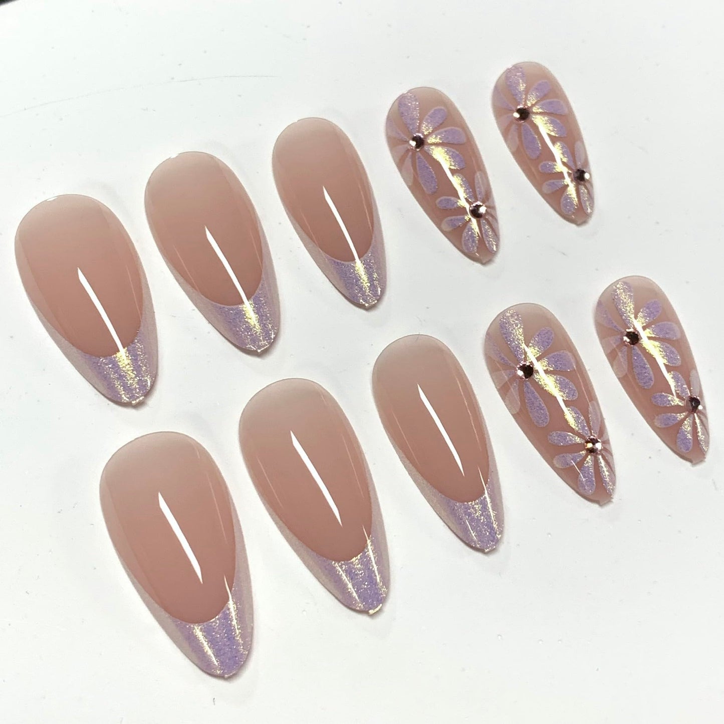 BABALAL Press On Nails, Medium Almond Fake Nails, White Chrome French Tip,Flower Design, Pearl Bling Glossy, Luxury Glue On Nails 24Pcs Reusable