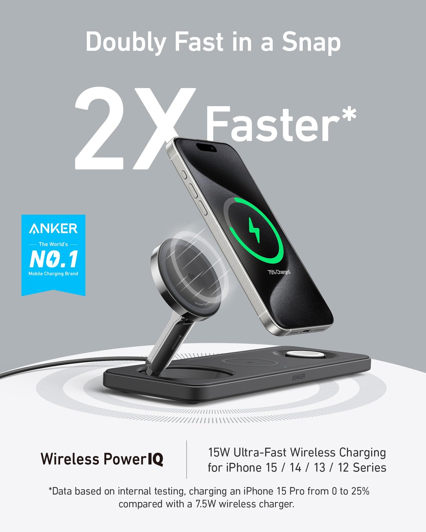Anker iPhone 16 Foldable 3-in-1 Wireless Charging Station, Qi2 Certified 15W Ultra-Fast MagSafe-Compatible Wireless Charger, for iPhone 15/14 Series, AirPods, Apple Watch (USB-C Charger Included)