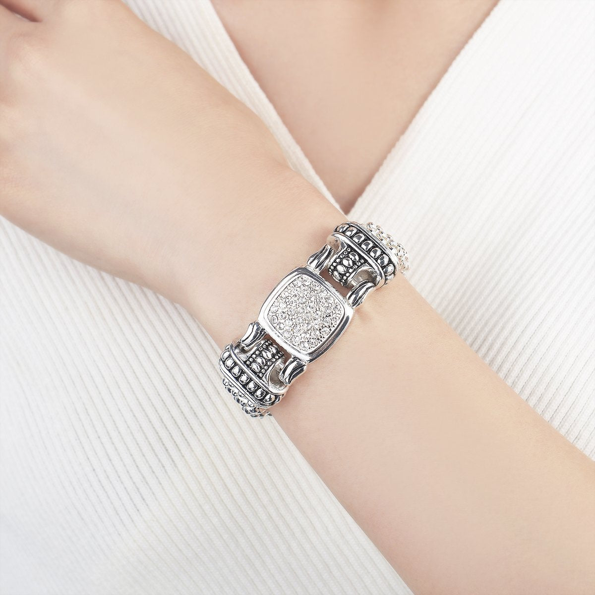 UNY JEWEL Pave Crystals Designer Inspired Statement Popcorn Chain Bracelets Women Jewelry Magnetic Clasp (Silver 6.75 Inch)
