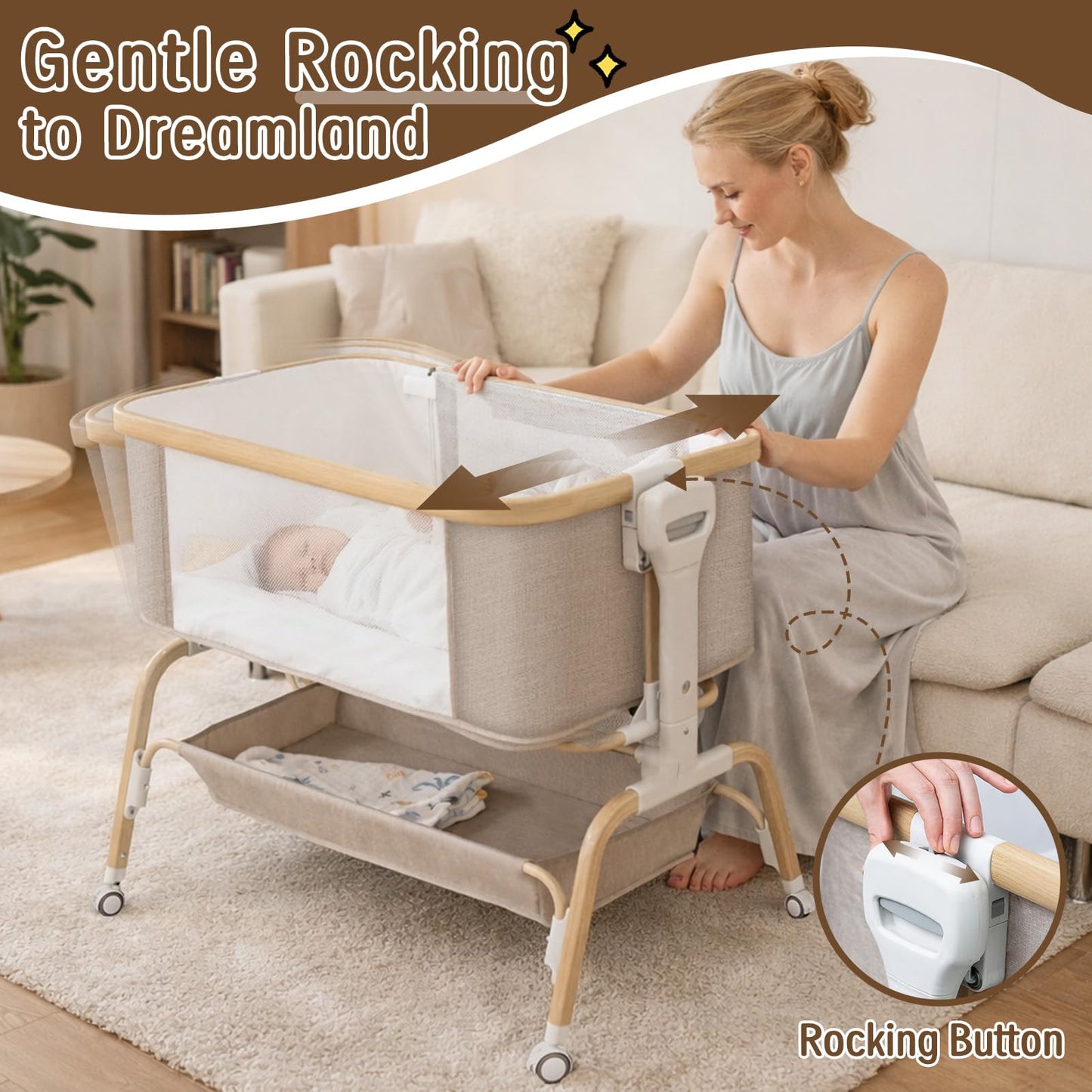 Mariserenity Rocking Baby Bassinet Bedside Sleeper, Detachable Portable Bassinet & Adjustable Crib with 8 Heights, Breathable Mesh, Storage Basket & Mobile Toy for Newborns to Toddlers(Oatmeal)