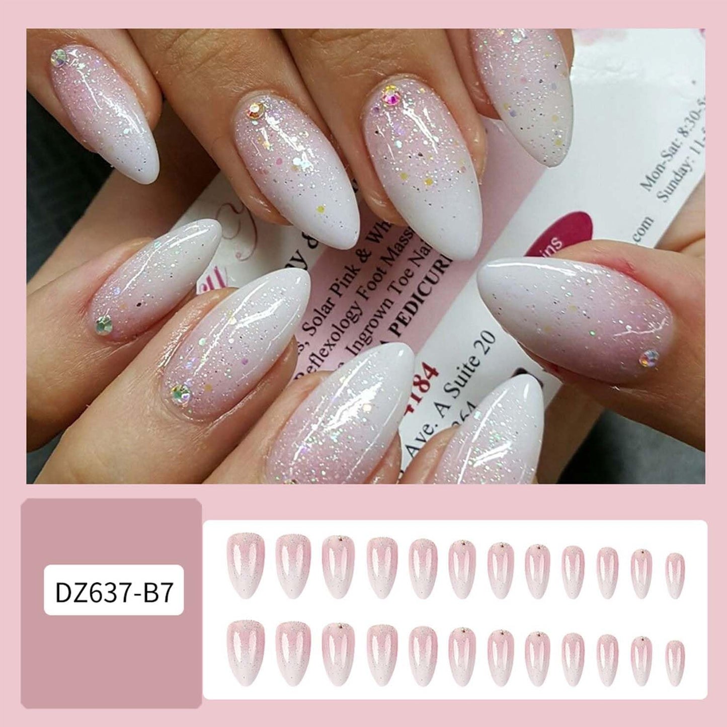 Pink Ombre Press On Nails Medium Almond Fake Nails Glitter With Rhinestones Designs Gradient Acrylic Artificial Fingernails Full Cover Glossy False Nail Reusable Glue On Nails For Women 24pcs