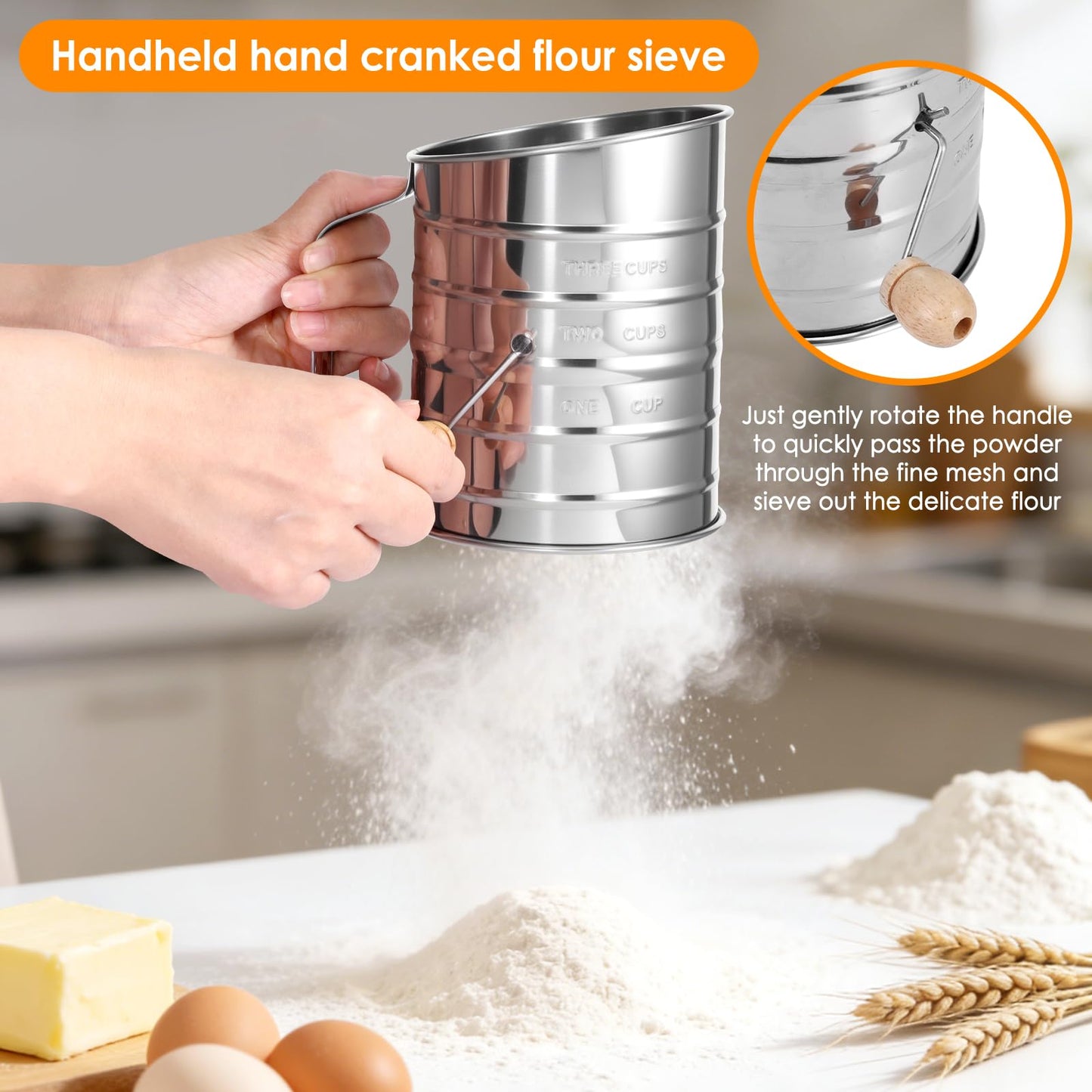 Large Handheld Rotary Flour Sifter Set – Stainless Steel Hand-Crank Sifter with Baking Sifter, Powder Sugar Duster, Shaker Cup & Sifter Stick for Cakes, Bread & Pastry