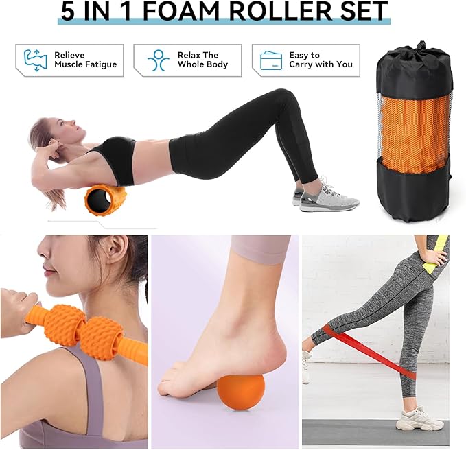 5 in 1 Foam Roller Set, Trigger Point Back Roller, Muscle Roller Stick, Massage Ball, Massage Roller, Resistance Band for Deep Tissue Massage Fitness Exercise Yoga Pilates(Orange)