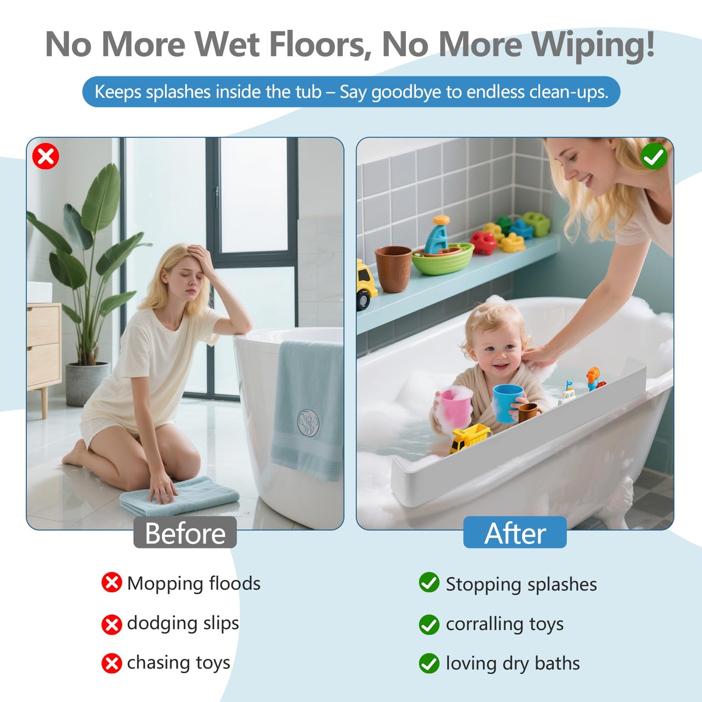 Akrelyan 31.5" Bathtub Splash Guard for Tub Kids, Silicone Splash Shield with 11 Suction Cups, Toy Tray Shelf, No Spill Water Barrier, Prevents Mess, Fun Bathtime for Toddlers Baby–Gray