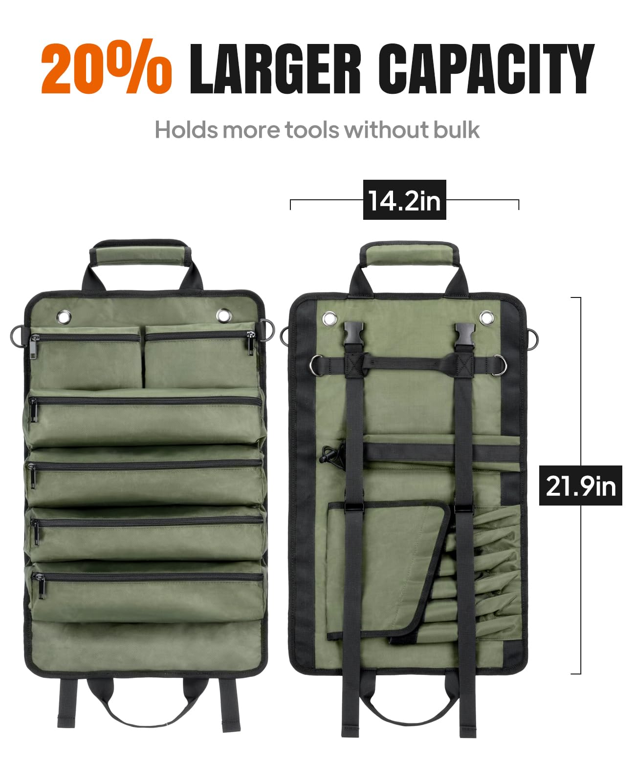 Tool Roll Up Bag, 1680D Heavy Duty Tool Bag Organizer with 2 Detachable Tool Pouches & Multiple Pockets, Waterproof Motorcycle Tool Roll for Mechanic & Electrician, Gift for Men Him Dad, 21.9"*14.7"