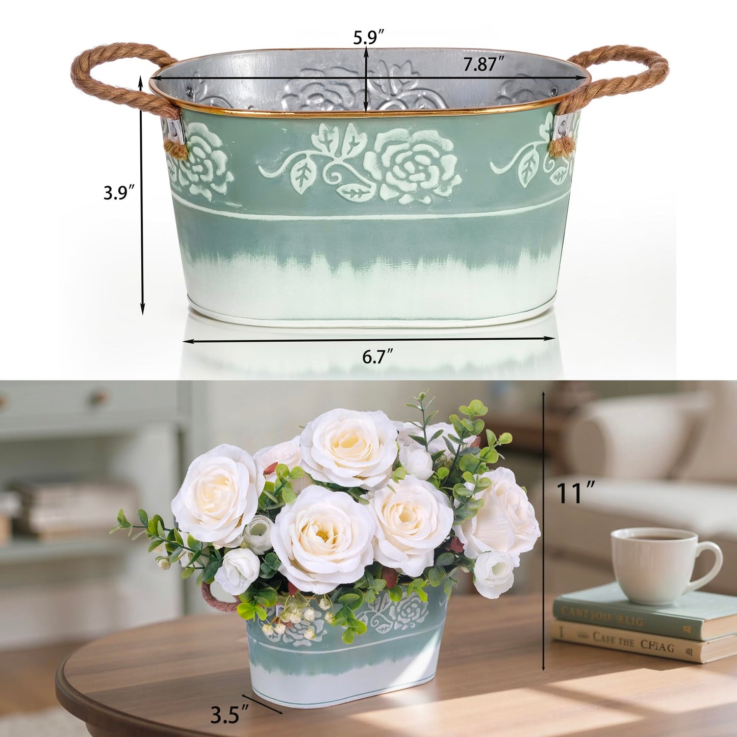 Artificial Rose Flower Arrangement for Table Centerpiece, Farmhouse White Silk Flowers with Eucalyptus in Rustic Galvanized Metal Po Faux Floral Centerpiece for Dining Table, Home, Office Décor