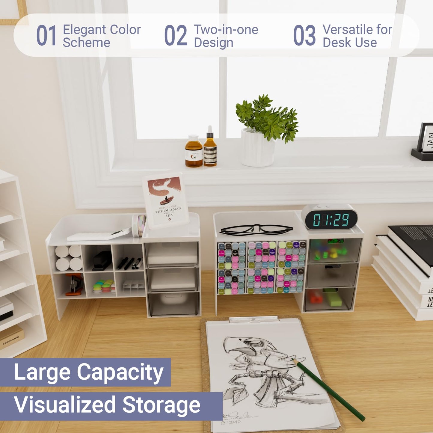 White Plastic Desktop Organizer – Stackable Office Desk Supplies Storage, Stationary,Marker,Crayon Organizer with Drawer – Perfect for Office, School, or Makeup Storage