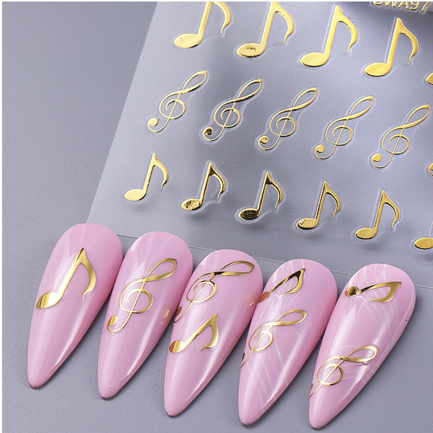 TailaiMei Music Nail Stickers, 3D Gold Black White Design Self-Adhesive Nail Art Decals for DIY Nail Decorations (510)