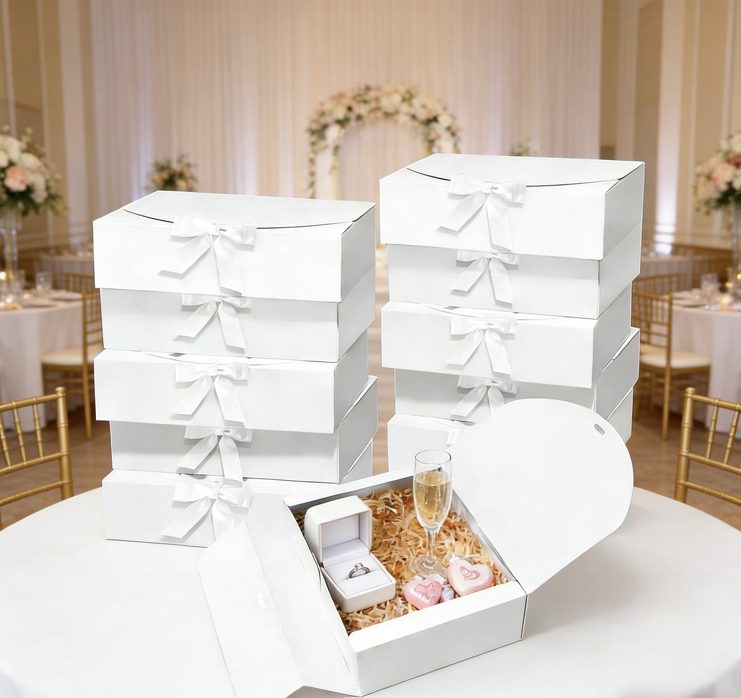 Treelement 10Pcs White Gift Boxes with Lids,10.6×7.8×3.1 Inch Bridesmaid Proposal Boxes with Ribbons and Stickers for Wedding Gifting,Birthday,Party Favors，Baby Shower,Return Gifts