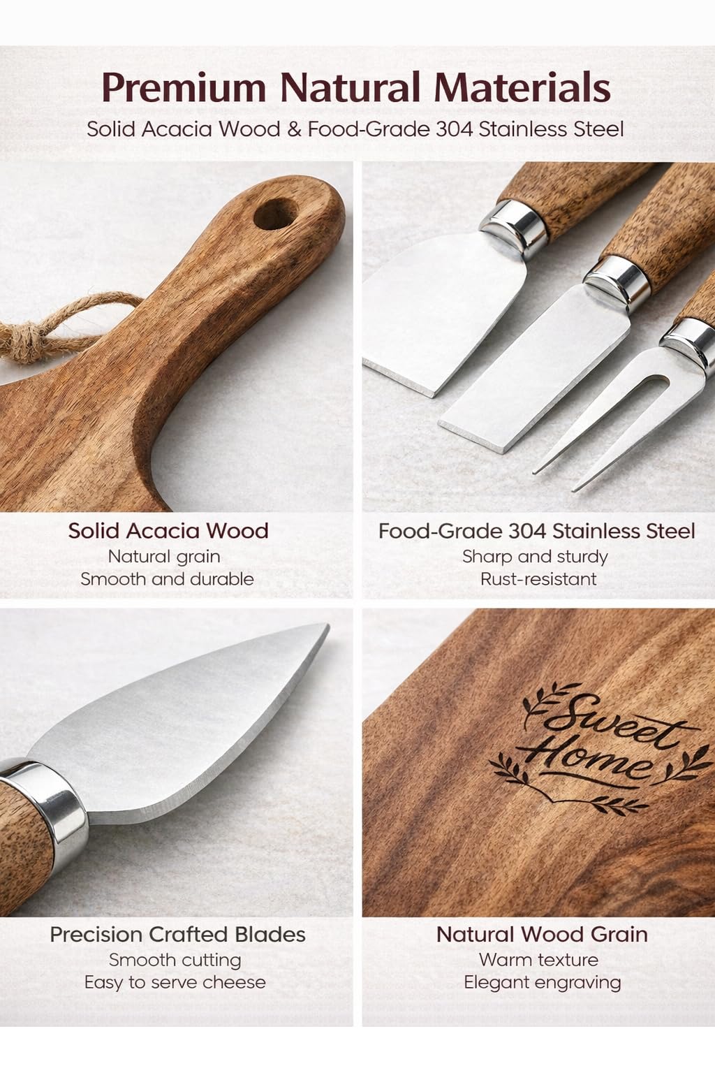 GleeNflux Charcuterie Board Set, 5-Piece Acacia Wood Cheese Board with 4 Cheese Knives, “Sweet Home” Engraved, Gift-Ready for Couples, Housewarming & Wedding