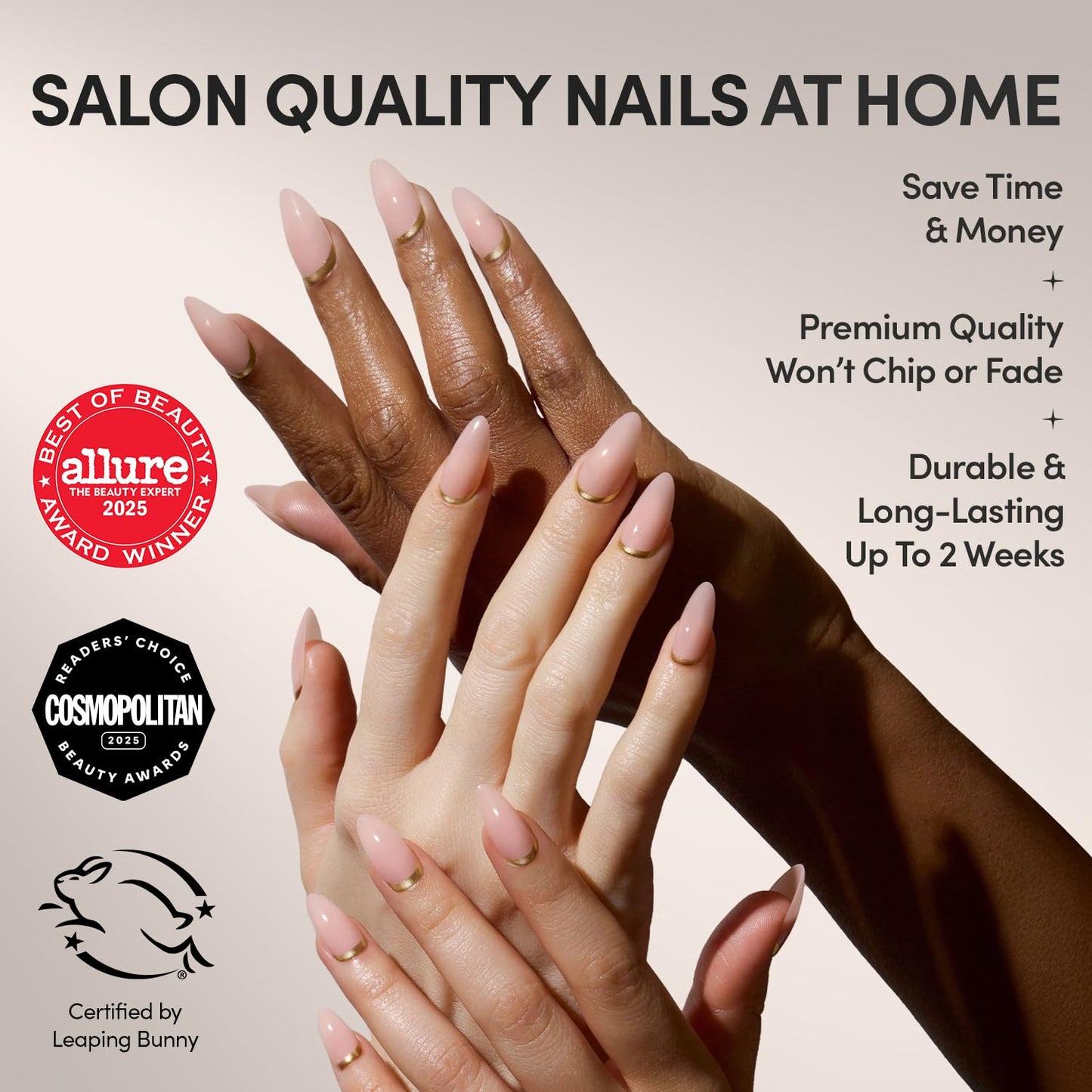 Glamnetic Press On Nails - Goal Getter | Medium Almond Fake Nails and Neutral Gold Reverse French Tip, Salon Quality | 15 Sizes - 30 Nail Kit Wtih Glue