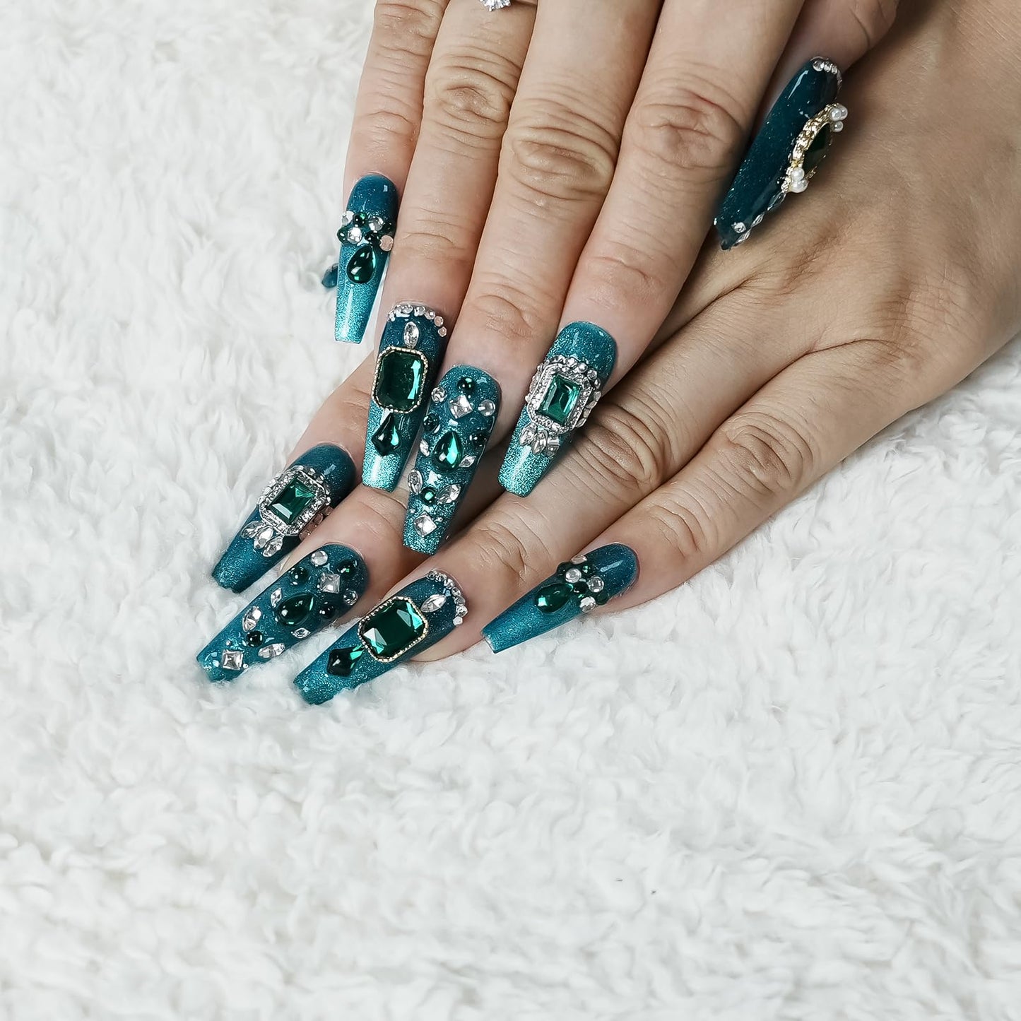Tesytto Handmade Emerald Green Press on Nails with 3D Luxury Crystals - Long Coffin Fake Nails for Wedding Prom, Reusable Salon Quality Stick on Nails(Emerald Green Sparkle,M)