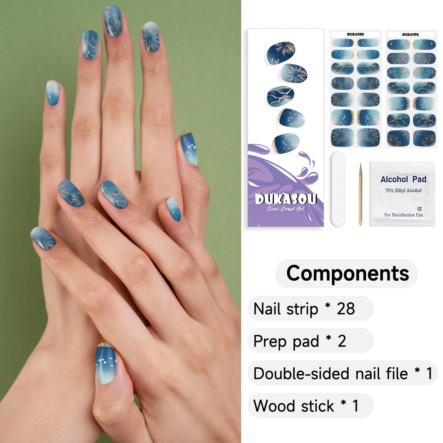 DUKASOU Semi Cured Gel Nail Strips, Stars Shine | 28 pcs Gel Nail Strips Work with Any UV Lamp, Salon Quality UV Nails Stickers, Easy to Apply for Home Nails DIY