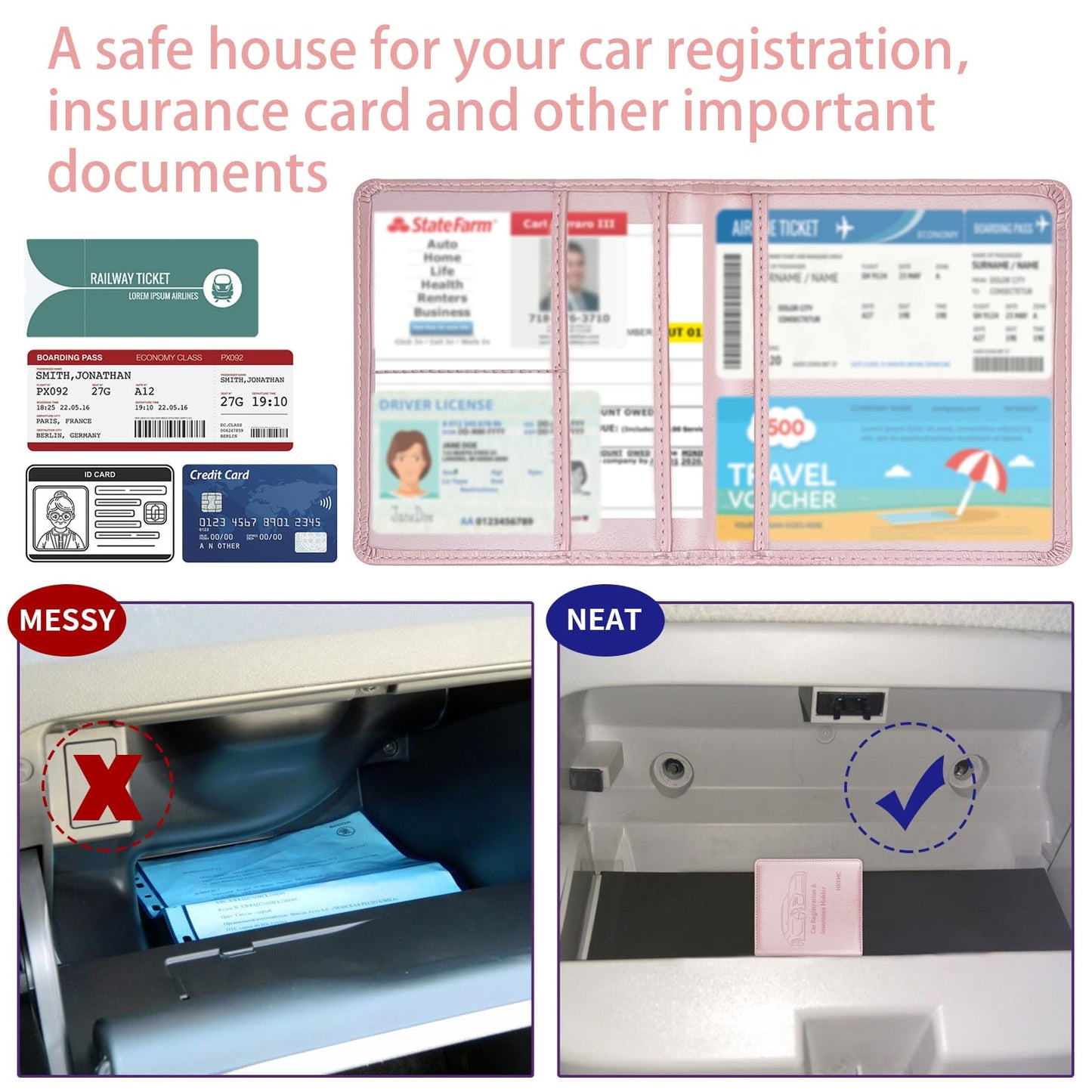 Car Registration and Insurance Holder, 5.5 x 5 Inch PU Leather Vehicle Glove Box Organizer Wallet Case Organizer for Insurance Card, Driver License, Essential Document, Paperwork