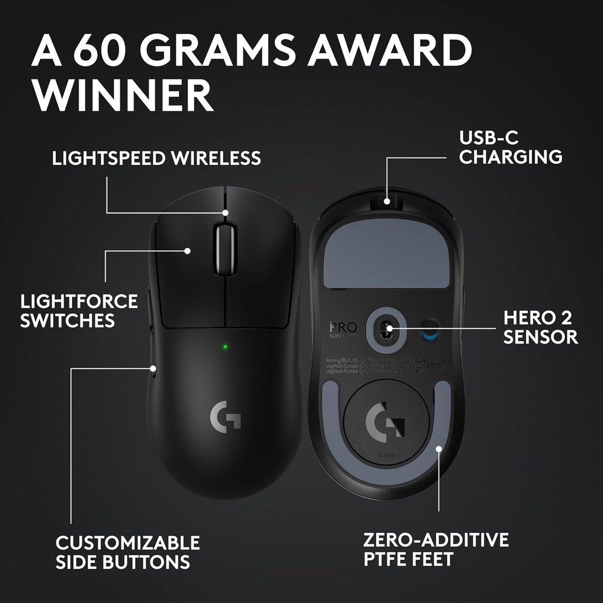 Logitech G PRO X SUPERLIGHT 2 Wireless Gaming Mouse, 60g Pro-Grade with 5 Programmable Buttons, 44k DPI Sensor, 8kHz Report Rate, USB-C Charging for PC/Mac - Black