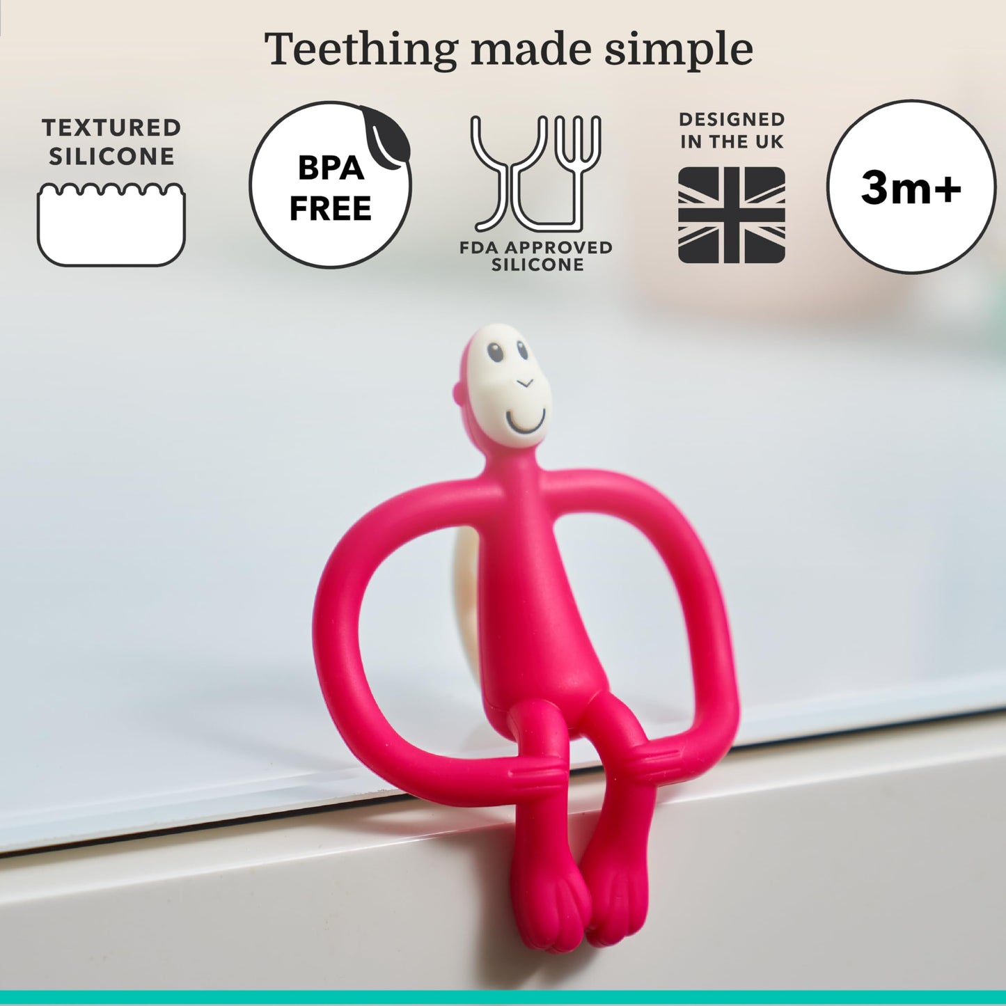 Matchstick Monkey Original Teether & Gel Applicator – Silicone Baby Teether, Easy-to-Grip, BPA-Free, Supports Self-Soothing & Early Brushing, 3 Months+, 4 Inches, Rubine Red
