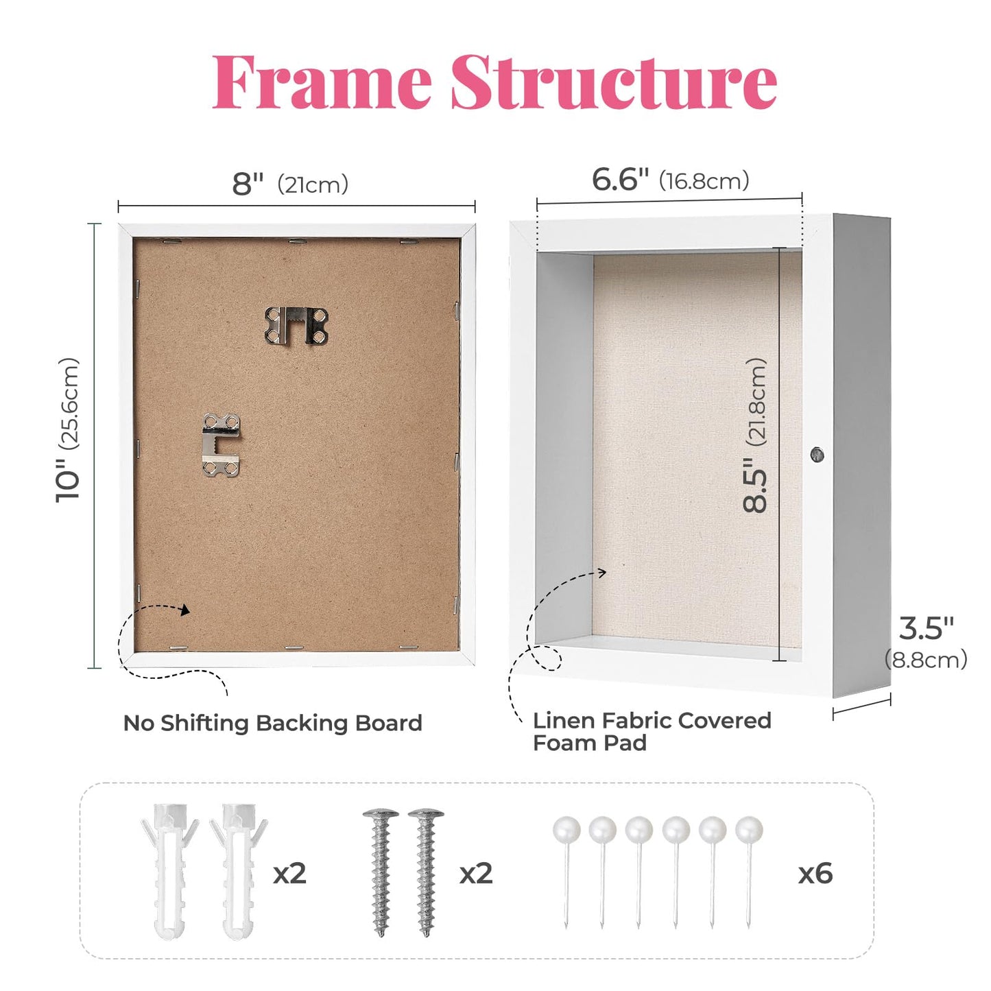 HOUSE DAY Shadow Box Frame 8x10, Front Open Magnetic Shadow Boxes Display Cases with Linen Back, Pins, for Photos or 3D Itmes Under 6x8, Tabletop or Wall Mount Display Case for Memorabilia, White