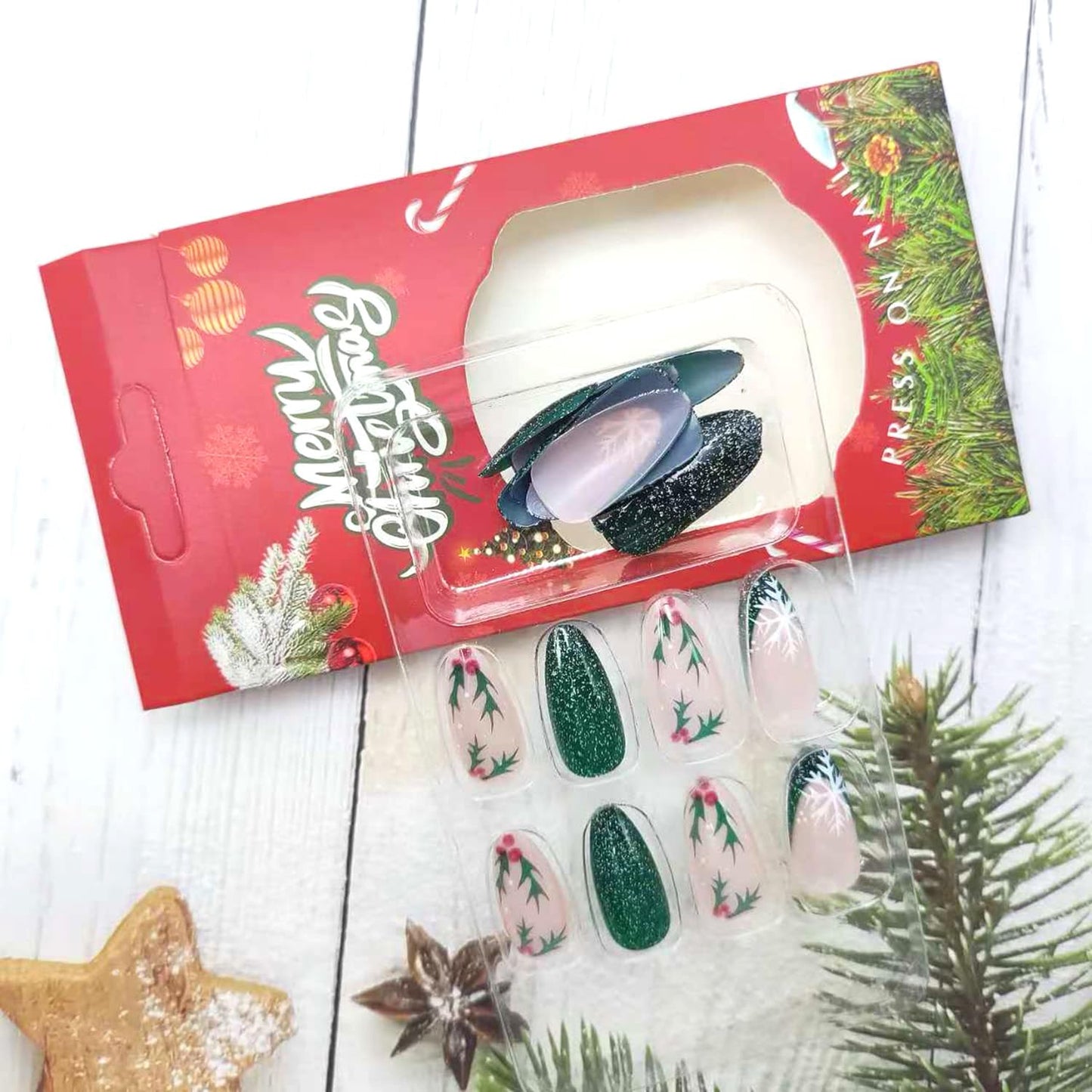 24Pcs Christmas Green Press on Nails Stiletto Almond Fake Nails Snowflake Designs Christmas False Nails Cute Flower Gradient Stick on Nails Full Glitter Glue on Nail for Women Manicure Art