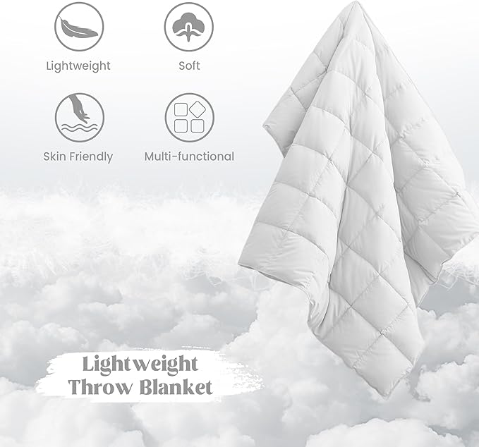 puredown® Soft Feather Down Throw Blanket Lightweight Packable Couch Throw for Indoor and Outdoor Use, 50"X70", Pure White