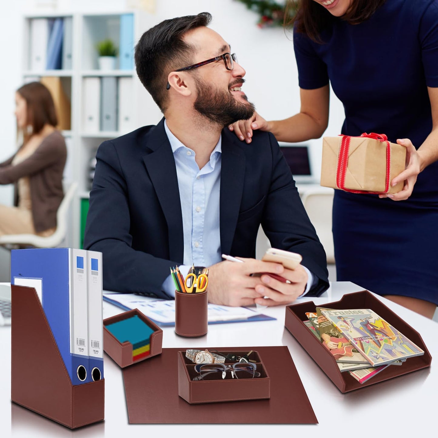 XNONE Office Supplies PU Leather 6-Piece Desk Organizer with Writing Pad, Letter Tray, File Folder Sorter, Pen Cup, Note Holder, Business Card Holder - Brown