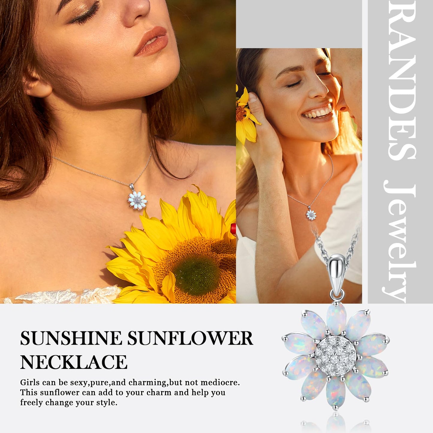 RANDES Opal Sunflower Necklaces for Women 925 Sterling Silver Dainty October Birthstone Pendant Created Opal Flowers Necklace