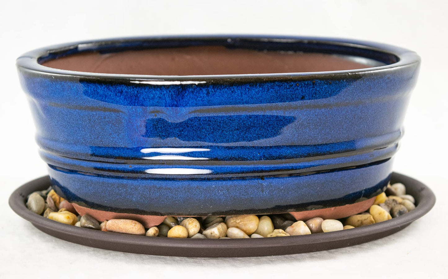 8.25" Oval Dark Blue Stain Glazed Bonsai Pot, Cactus & Succulent Planter + Tray + Rock + Mesh and Wire Combo (658-8B Combo)