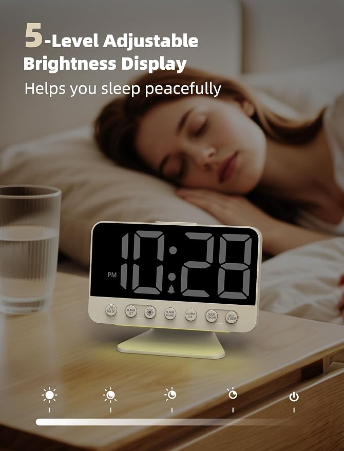 Odokee Digital Alarm Clocks for Bedrooms with Large Bold Number | Electric Desk Clock with Night Light & Brightness Dimmer - Loud Alarm for Heavy Sleepers with Adjustable Volume - Putty