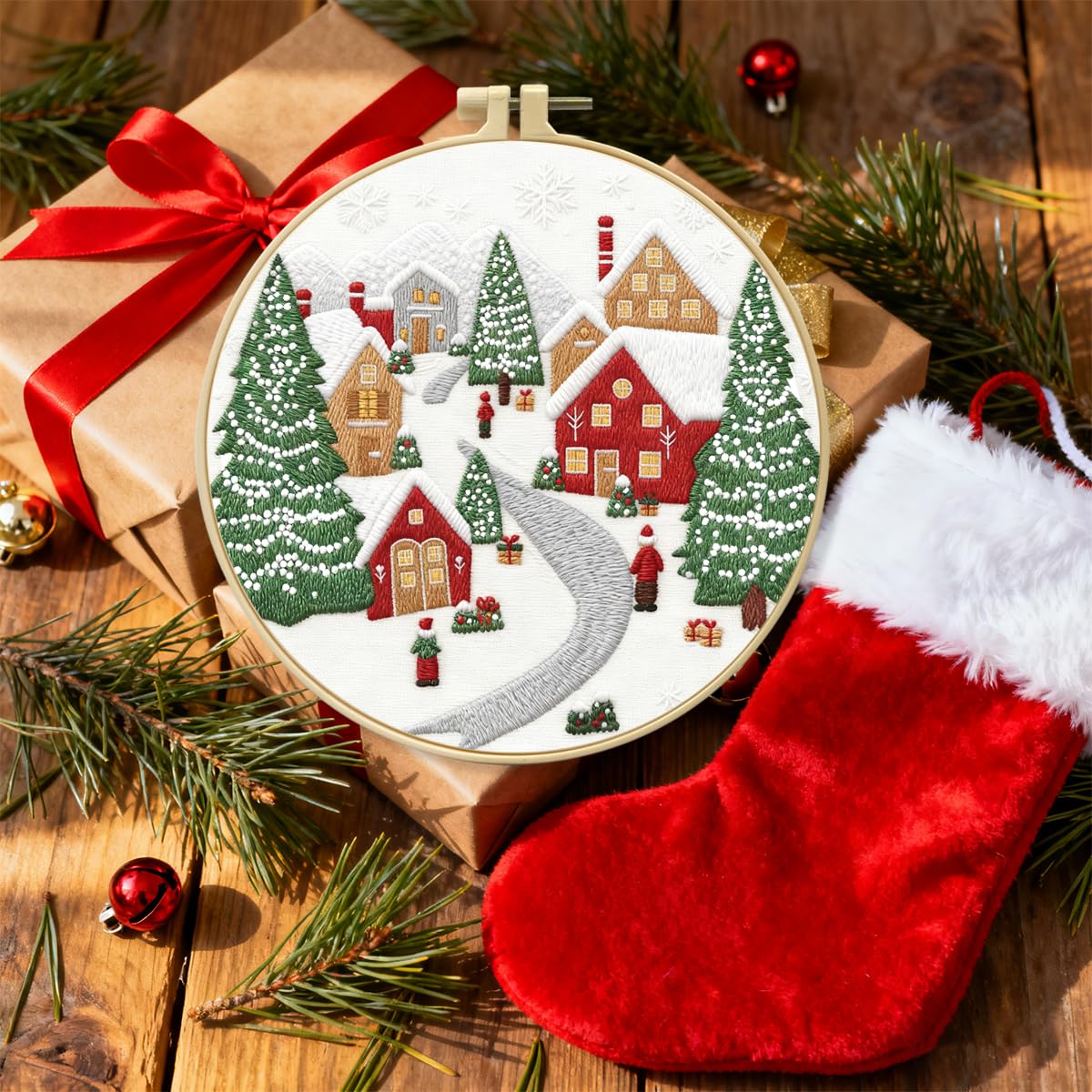 Zhenqing Christmas Embroidery Kit for Beginners - 4 Piece 29x29cm Round Designs with Embroidery Hoop, Threads & Tools (Snowy Cabin, Fireplace, Candy Cane, Holly)(C0066)