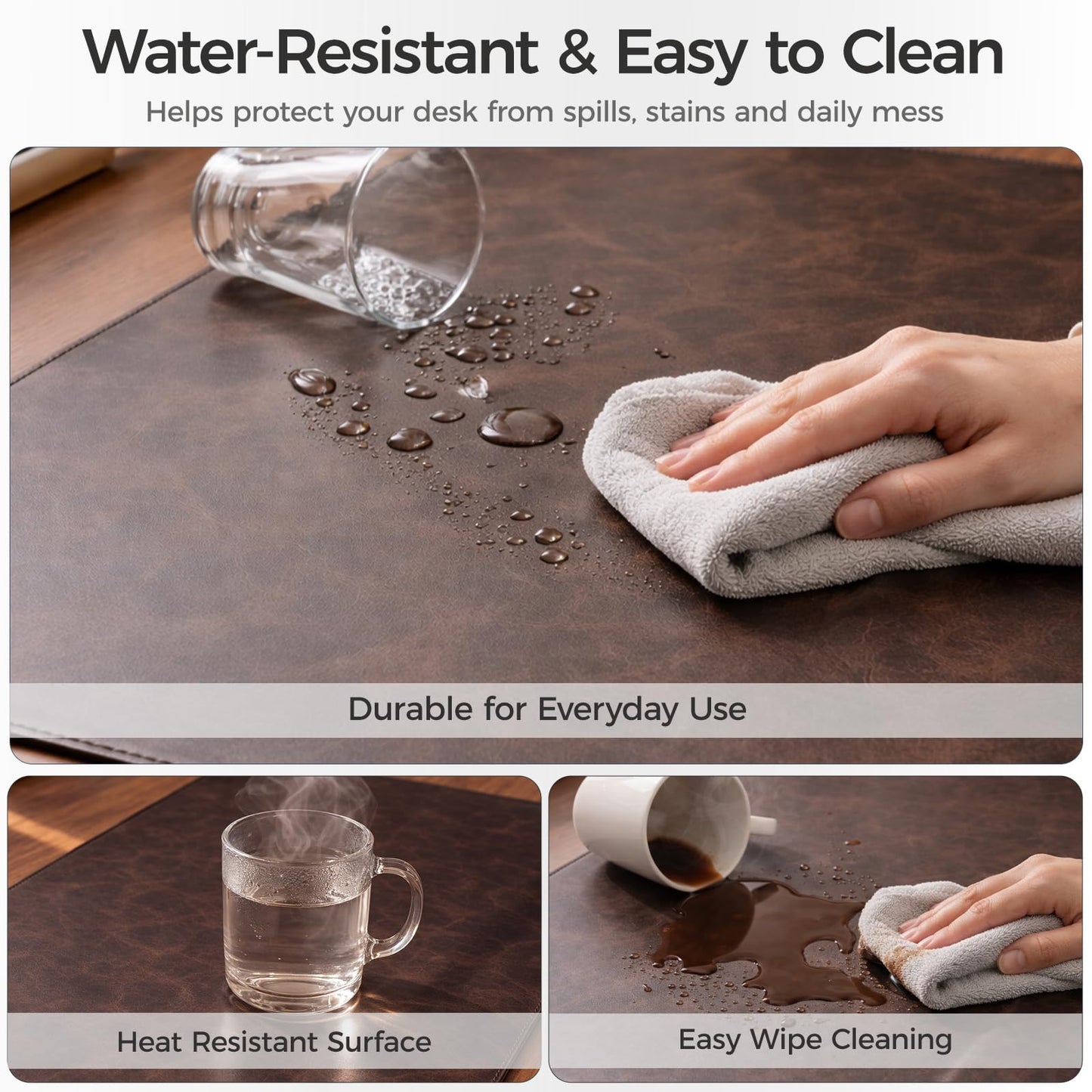 Premium Faux Leather Desk Mat & Tray Set，Innovative Cork-Look Printed Base，Gift Tube Packaging，Full-Desk Coverage，Non-Slip Desk Pad for Office Home（Espresso Brown）