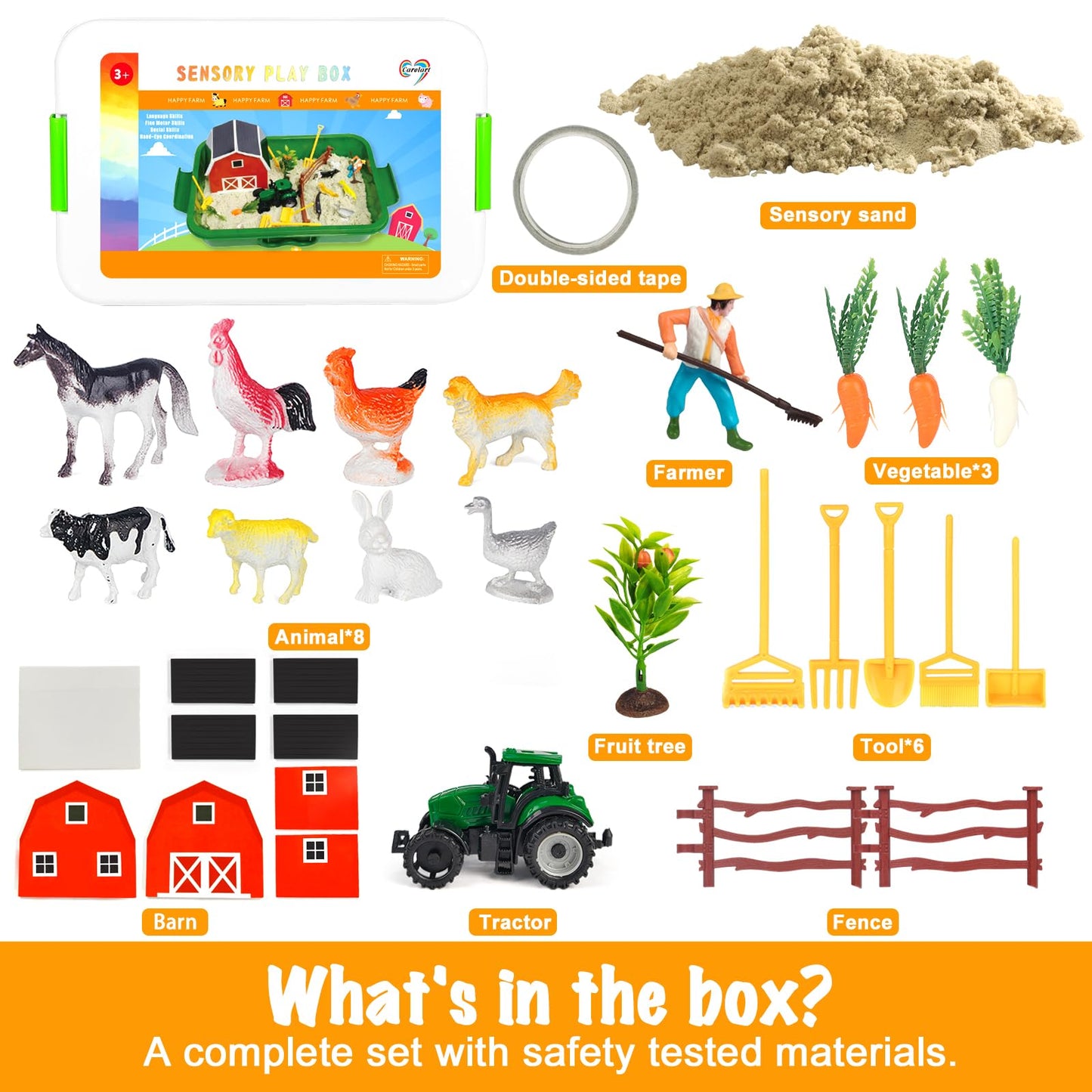 Carolart Farm Sensory Bin，Farm Animals Sand Kit with Sensory Sand，Barn Sandbox with Tractor，Sensory Play Sand Set for Kids 3 4 5 6 7