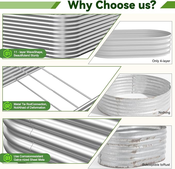 2 Pack Tall 8x3FT Corrugated Galvanized Steel Raised Garden Bed Outdoor, Metal Above Ground Garden Bed for Vegetables and Flowers, Raised Beds for Gardening-8x3x1.5FT