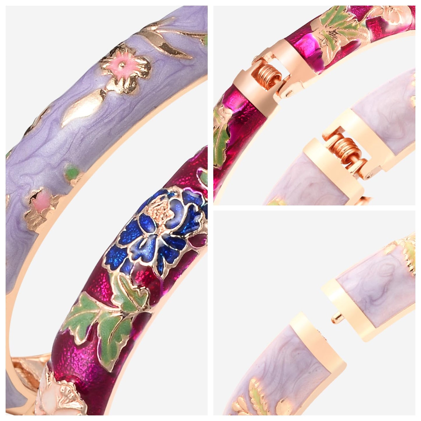 UJOY Cloisonne Bracelet Hinge Indian Cuff Bangle Enameled Jewelry Flower Bracelets for Women Gift Box 55A111-55A113 Purple