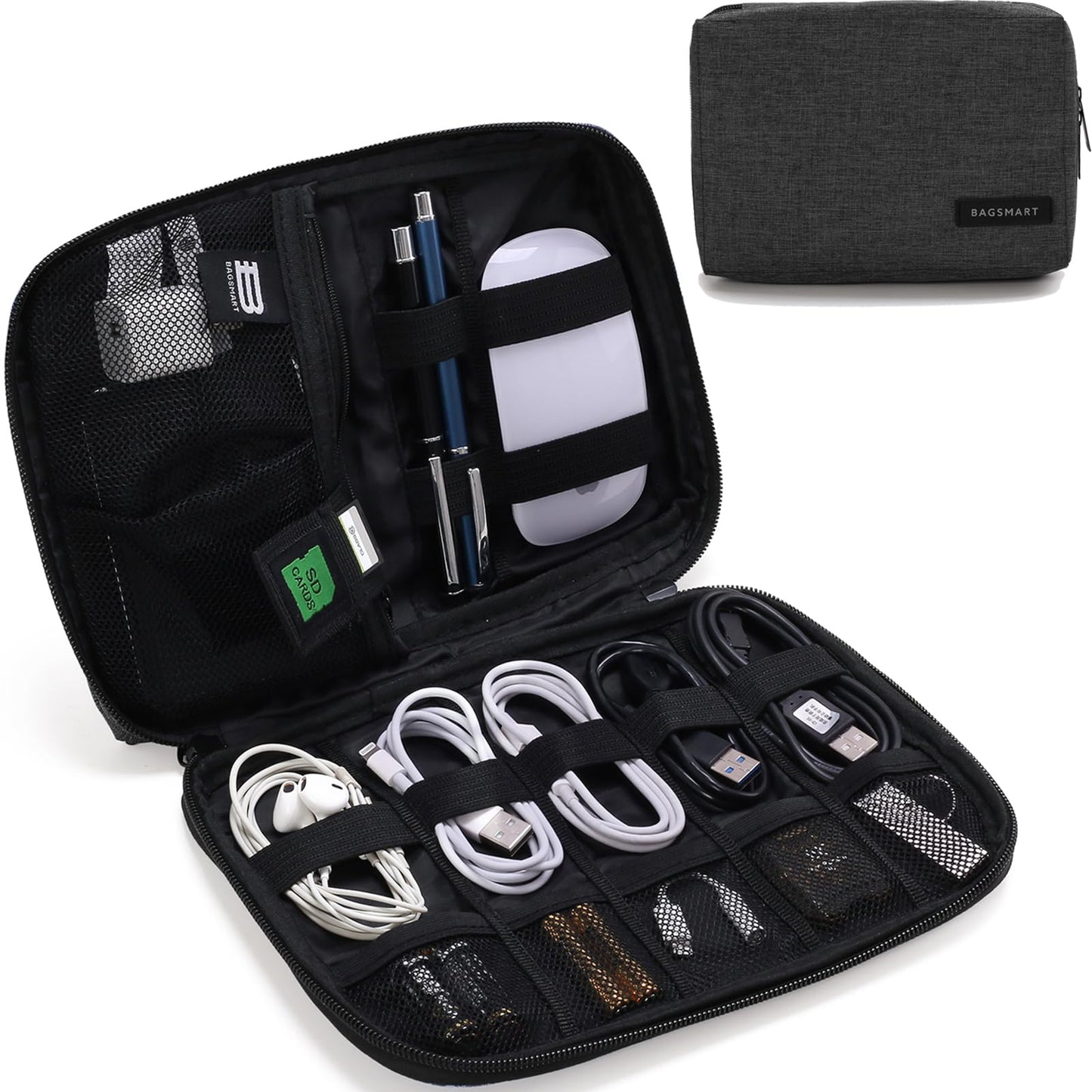 BAGSMART Electronics Organizer Travel Case, Small Cord Bag for Travel Essentials, Tech bag for Men Women, Cable Organizer for Phone, SD Card, Black