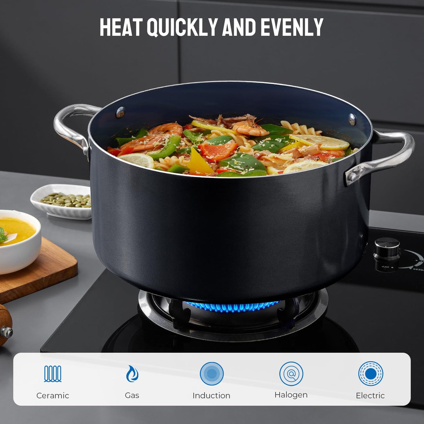 Induction Cookware Set 6-Piece, Stackable Kitchen Cooking Pots Set, 6qt 4.8qt & 2qt Pots with Lids, Dishwasher Safe & Oven Safe, Compatible with All Stoves, Black