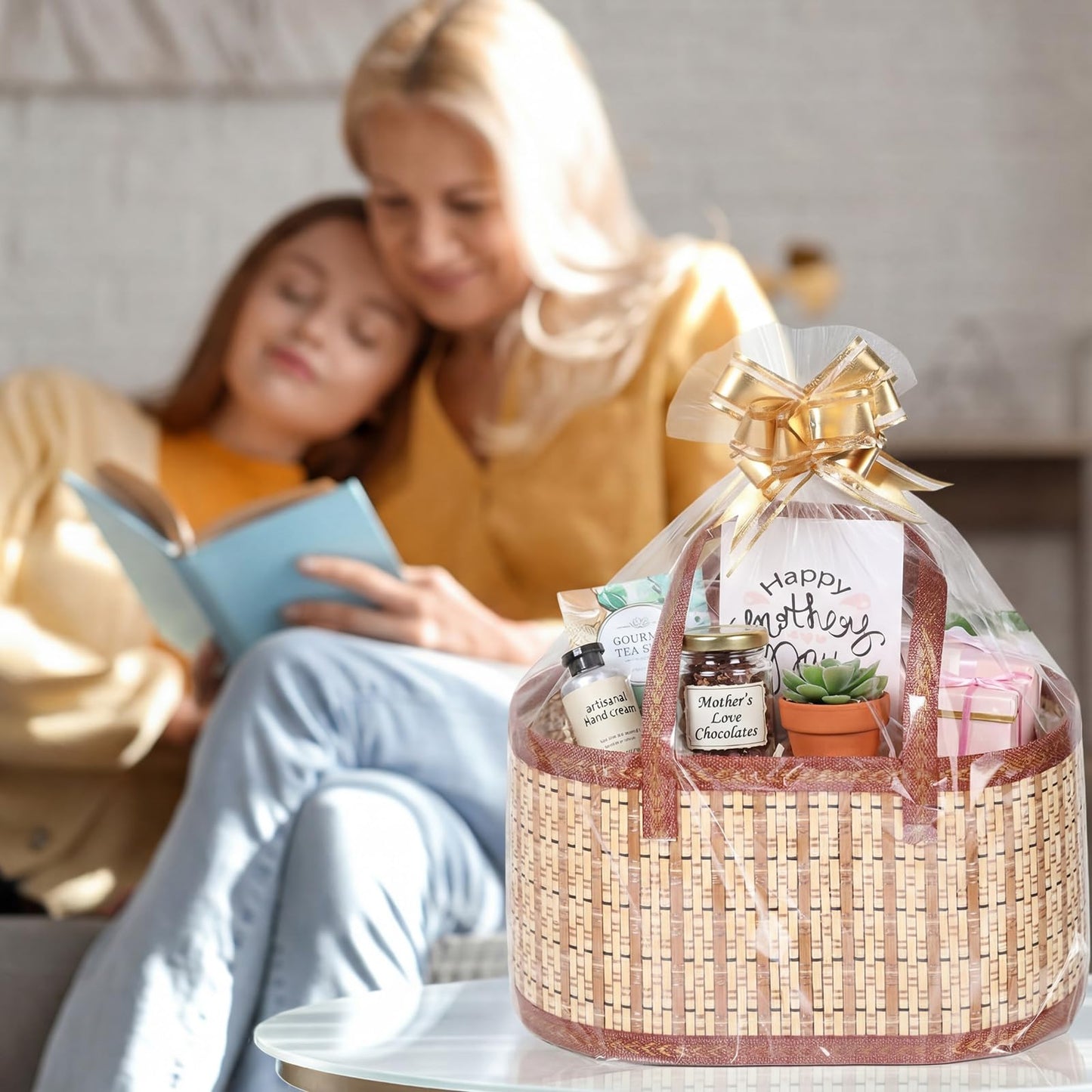 Reallnaive 2 Set Gift Basket Empty Woven Bamboo Storage Baskets with Clear Gift Bags Pull Bows Ribbon Foldable DIY Gifts Basket Kit with Handle for Baby Shower Housewarming