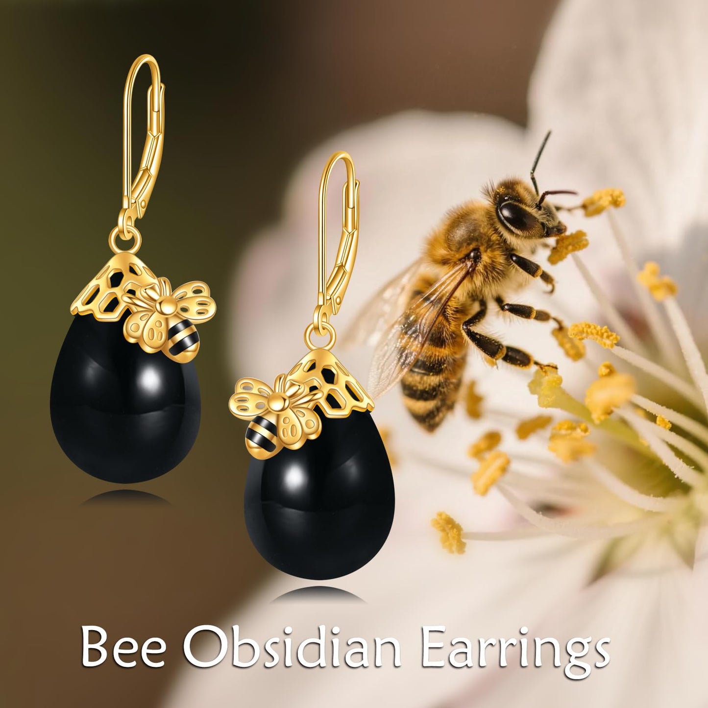 TIGERRIDER Bee 925 Sterling Silver French Clasp Earrings Obsidian Pendant Jewelry Gift for Women