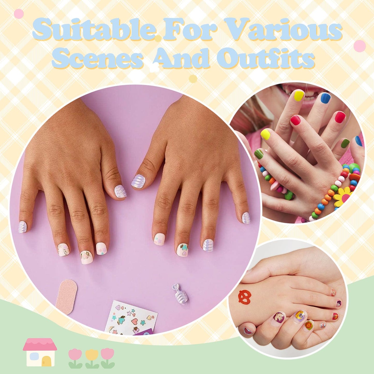 Press on Nails for Kids 3-6,With Cute DIY Stickers,4 Pack 48Pcs Little Girls Sparkling Princess Nails,Cute Pattern Rainbow Series