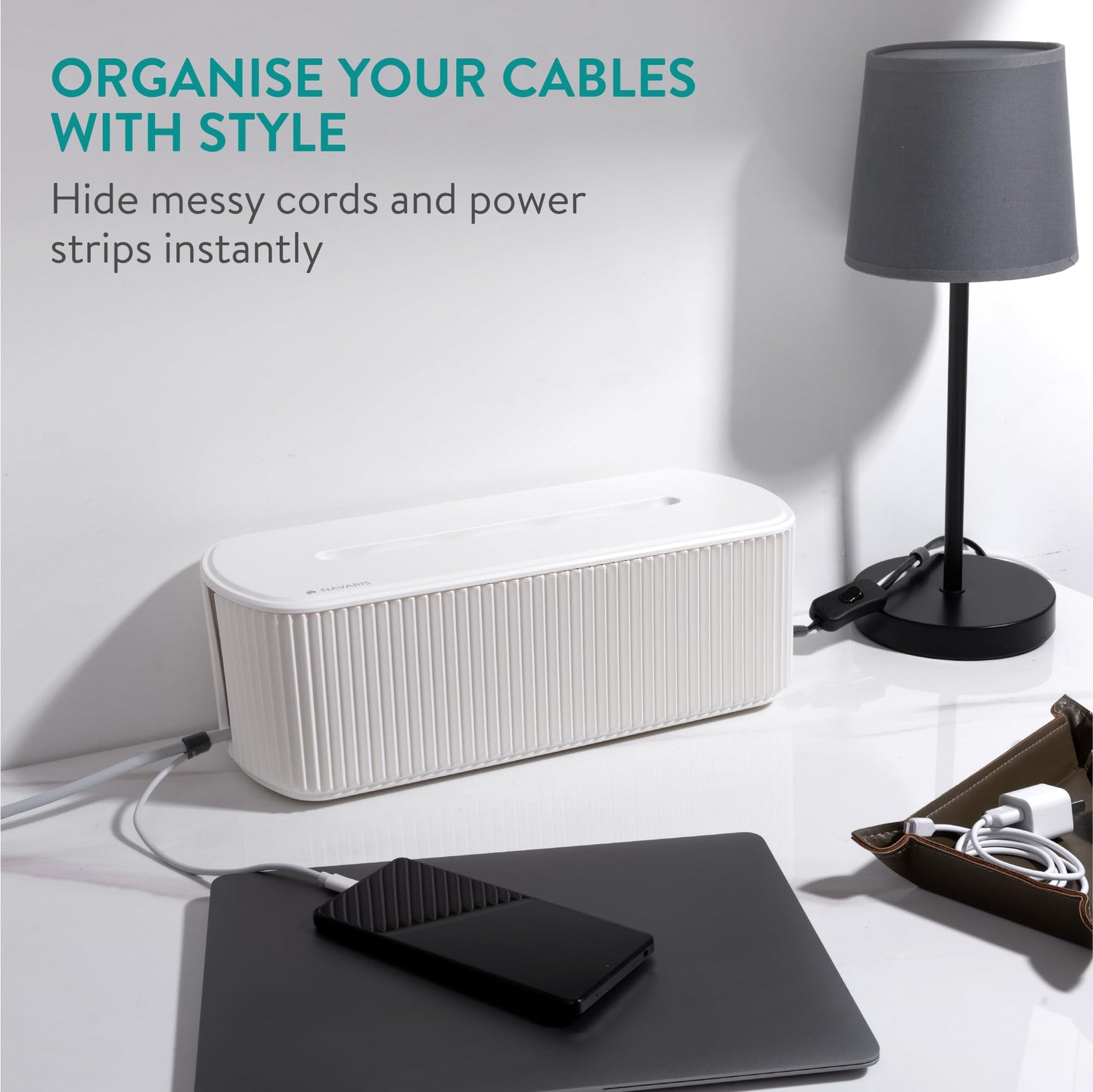 Navaris Ribbed Cord Boxes - Stylish Cable Management Box - Cord Wire Organizer to Hide Cords - Power Strip Hider Storage Box - for Desk Desktop & TV Cable Management - Set of 2