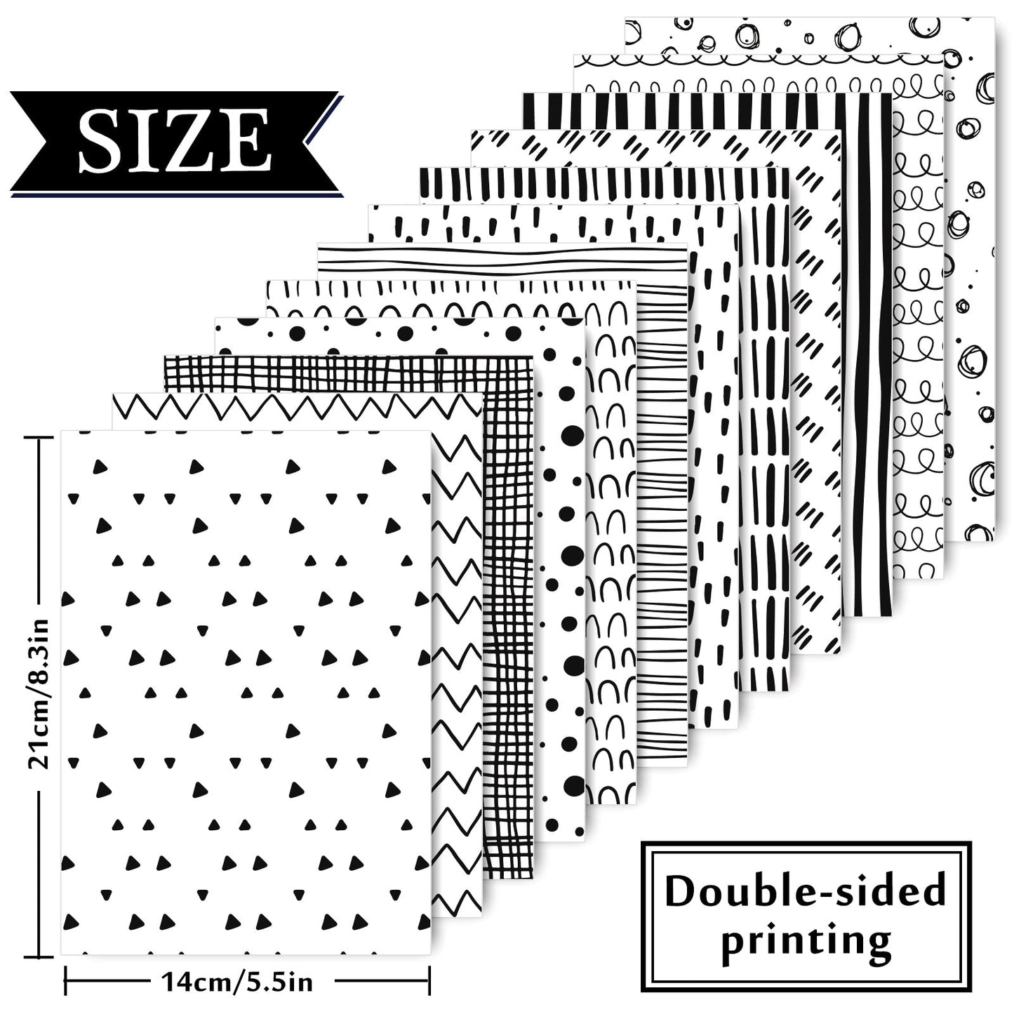 Whaline 60 Sheet Black & White Doodle Pattern Paper A5 Size Hand Drawn Squiggles and Dots Scrapbook Paper Double-Sided Minimalist Craft Paper for DIY Card Making Supplies, 12 Designs