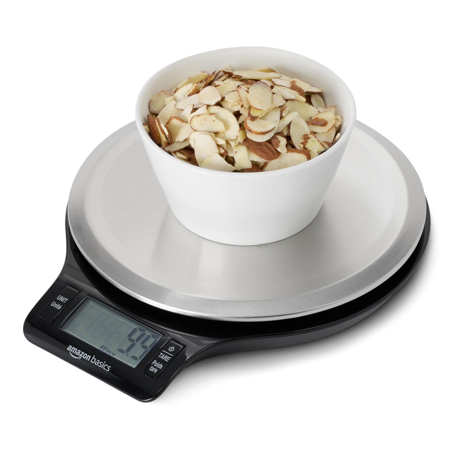 Amazon Basics Digital Kitchen Scale with LCD Display, Tare Function, Multiple Units, Weighs up to 11 Pounds, Batteries Included, Black and Stainless Steel
