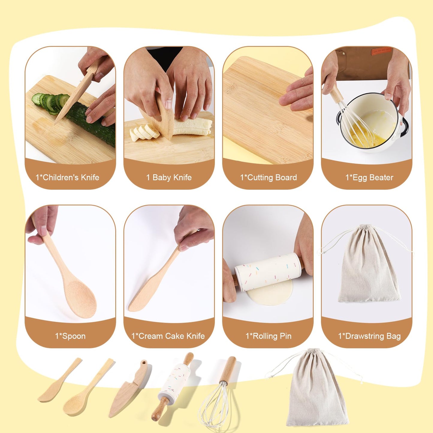IHFAIO Kids Knife Set for Real Cooking, 8 PCs Kids Cooking Sets for Little Chef, Nature Wood Utensil
