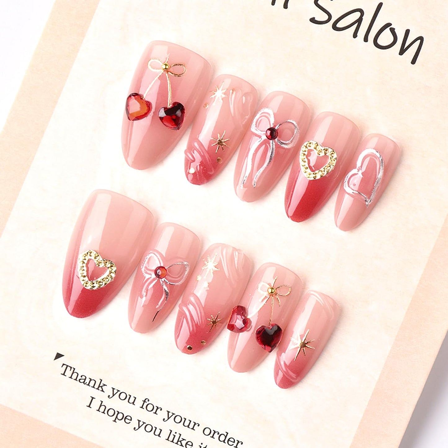 30Pcs Valentine Press on Nails Medium Almond Fake Nails Press on 3D Rhinestone Star Design Red Cherry False Nails Bow Heart Full Cover Red Smudge Acrylic Glue on Nails for Women Festive Nail Art Decor