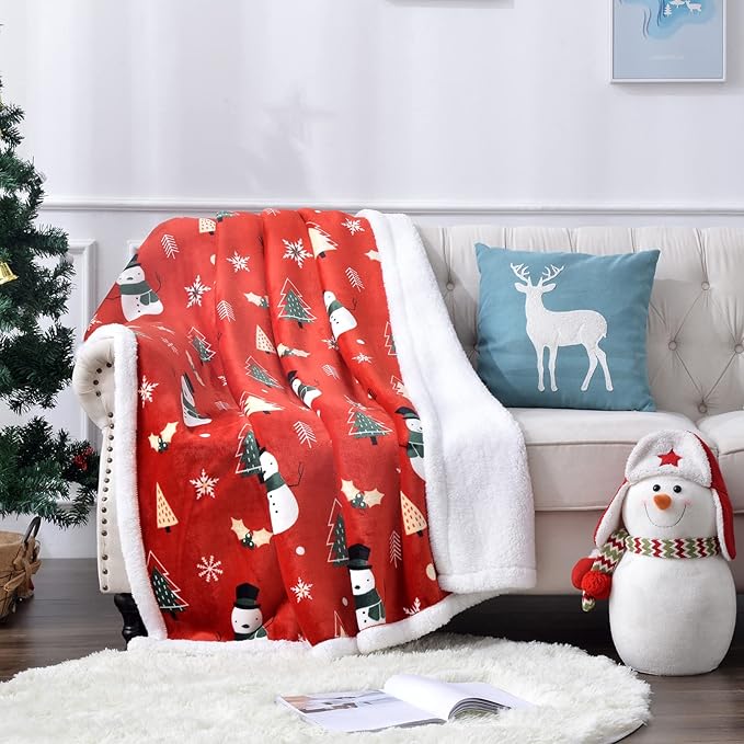 SOCHOW Christmas Holiday Sherpa Fleece Throw Blanket, Fuzzy Warm Super Soft Reversible Plush Blanket for Bed, Sofa and Couch, Snowman and Snowflake Pattern, 60 x 80 inches, Red