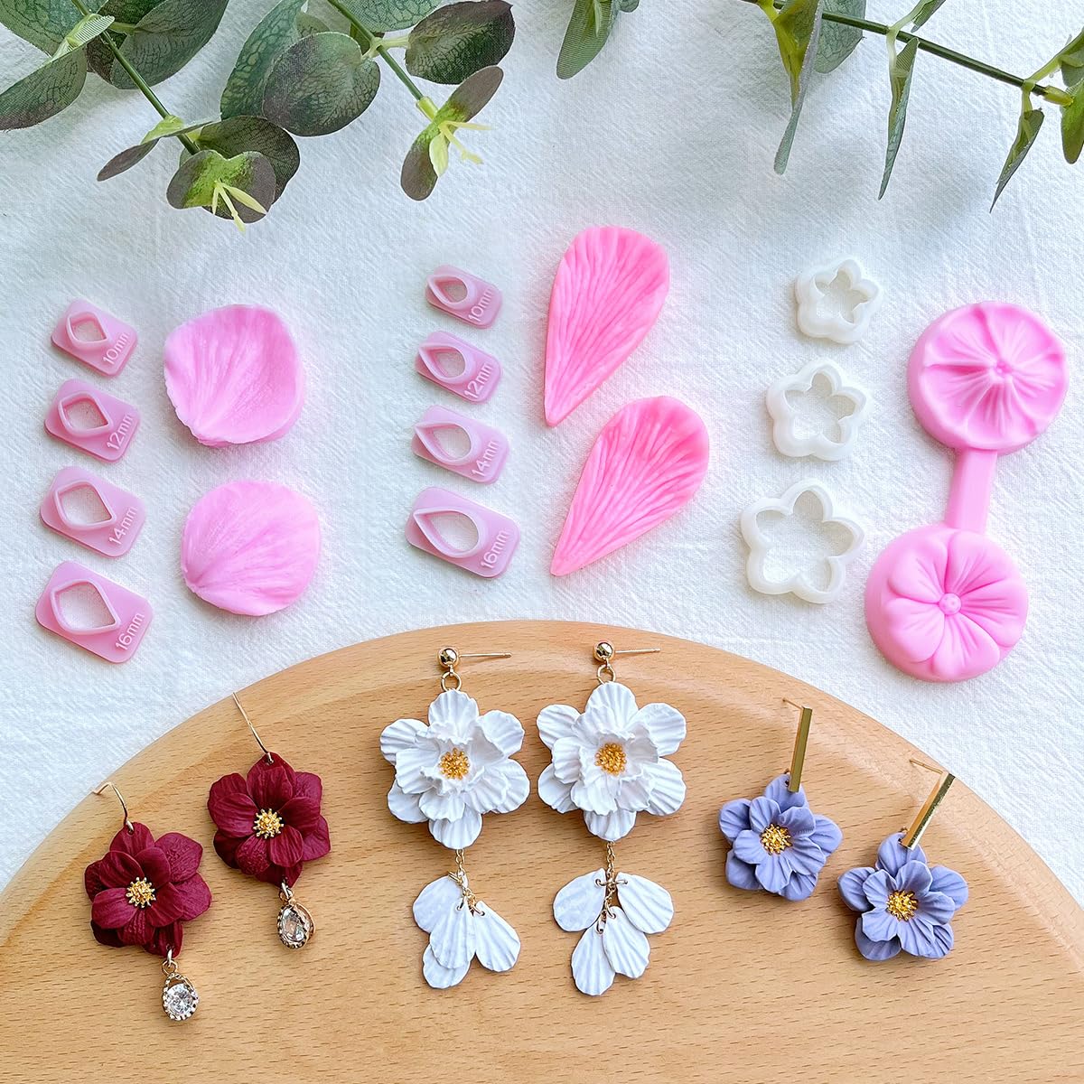 Keoker Flower Petal Clay Cutters - Polymer Clay Cutters for Earrings Making, 4 Shapes with Polymer Clay Petal Press Mold, Clay Cutters for Polymer Clay Jewelry (D)