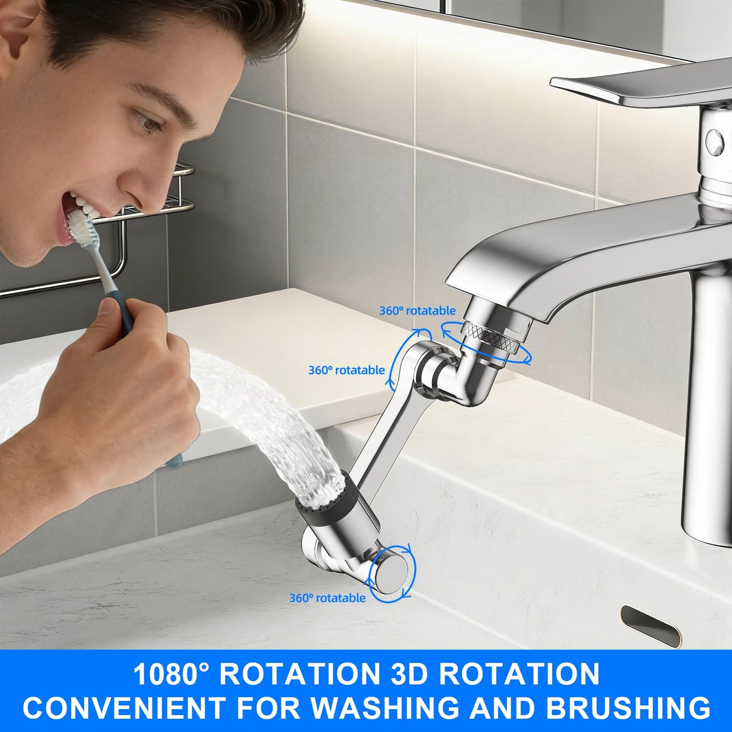 1080° Swivel Faucet Extender, Chrome Finish Sink Aerator with Universal Robotic Arm, Multi-Directional Spray Attachment for Kitchen and Bathroom