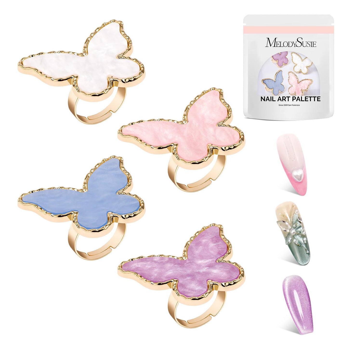 MelodySusie 4Pcs Acrylic Nail Brush Set and 4PCS Adjustable Resin Nail Art Palette Finger Rings Set